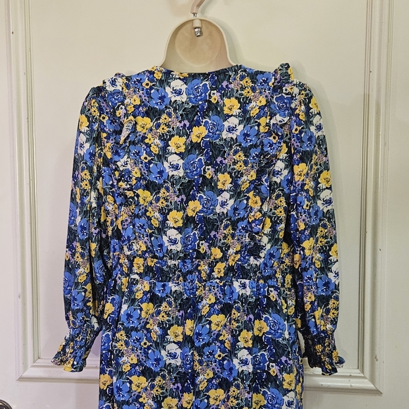 Code x Mode Blue/Yellow Multi-Color Floral Prairie Core Ruffle Maxi Dress, Large - Picture 10 of 16